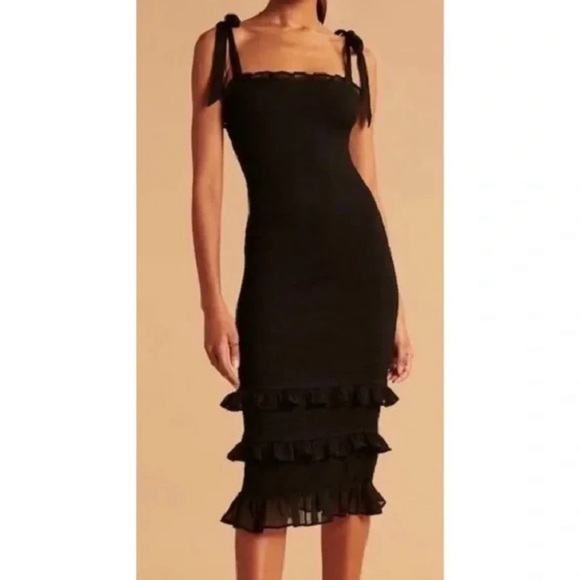 Abercrombie & Fitch - Black Tie Strap Smocked Ruffle Midi Dress - XS - Picture 1 of 6
